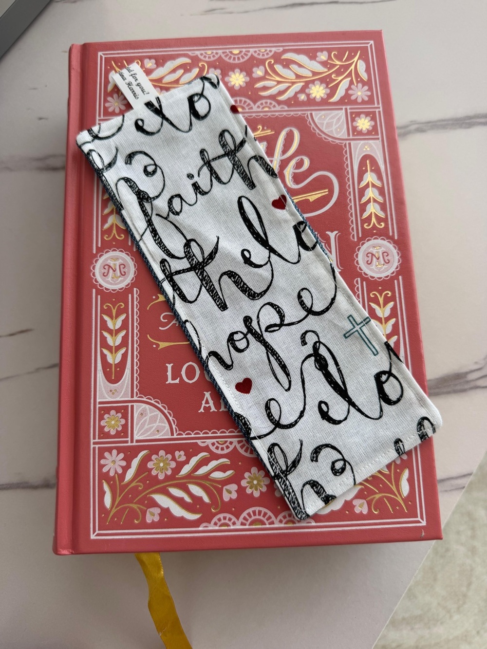 Script Word Print Fabric Bookmark - White with Black Script & Red Hearts